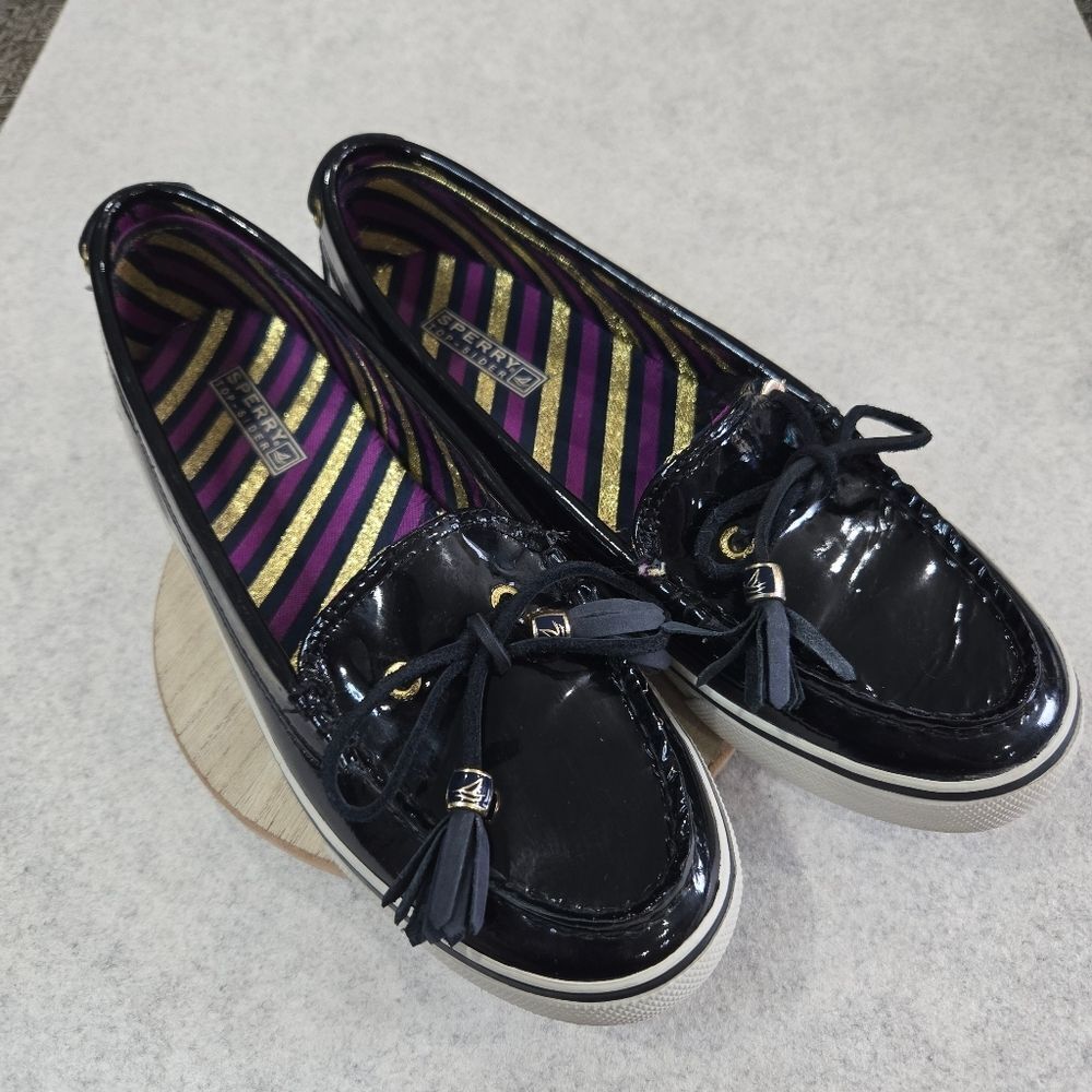 🐢 Sperry Patent Leather Black boat shoes Size 9 super shiny! - Picture 3 of 13